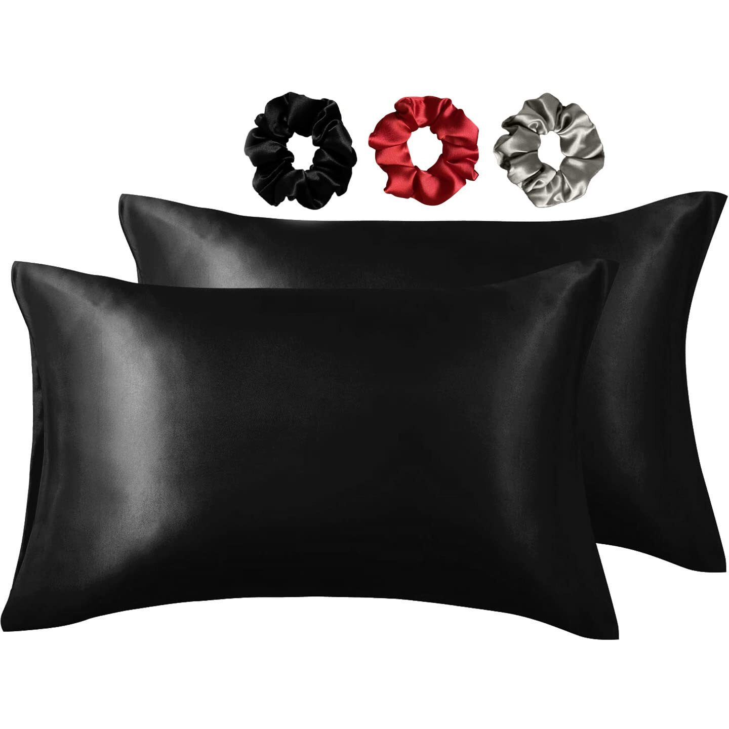 SILVR BEAR Luxury Satin Pillow Covers + 3 Scrunchies | Aesthetic Pillowcase-Standard - 18 x 27 inches | Great for Hair and Skin | Combo Pack (Black, Luxe Satin)