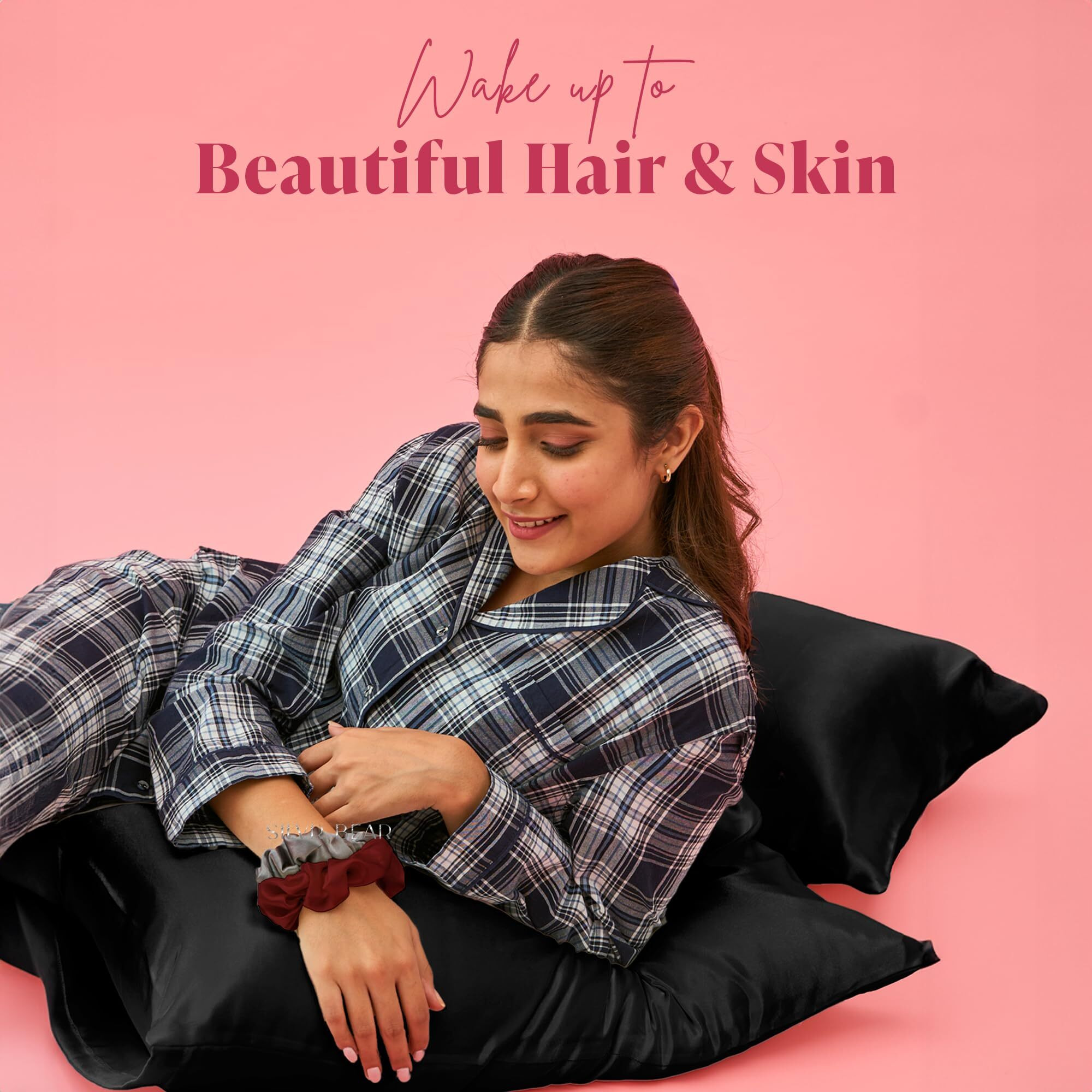 SILVR BEAR Luxury Satin Pillow Covers + 3 Scrunchies | Aesthetic Pillowcase-Standard - 18 x 27 inches | Great for Hair and Skin | Combo Pack (Black, Luxe Satin)