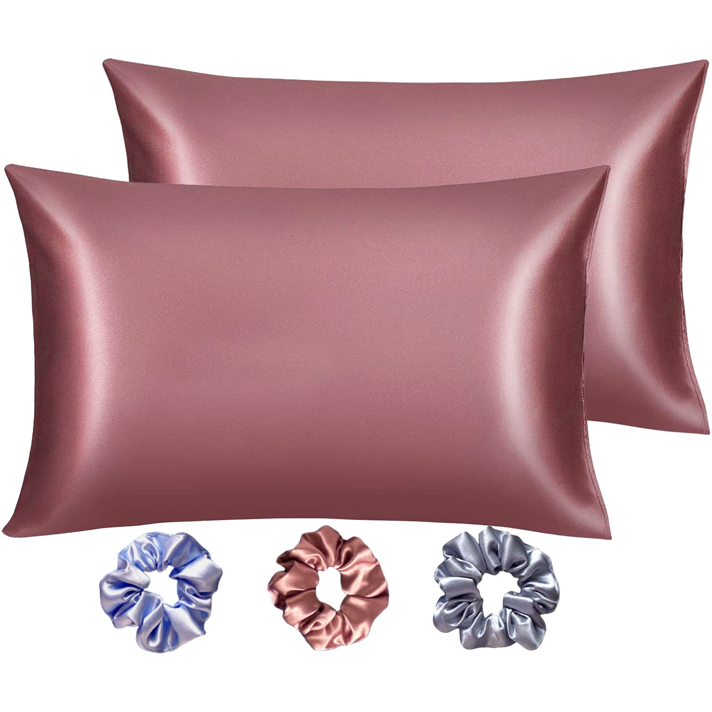 SILVR BEAR Luxury Satin Pillow Covers + 3 Scrunchies | Aesthetic Pillowcase-Standard - 18 x 27 inches | Great for Hair and Skin | Combo Pack (Mauve, Luxe Satin)