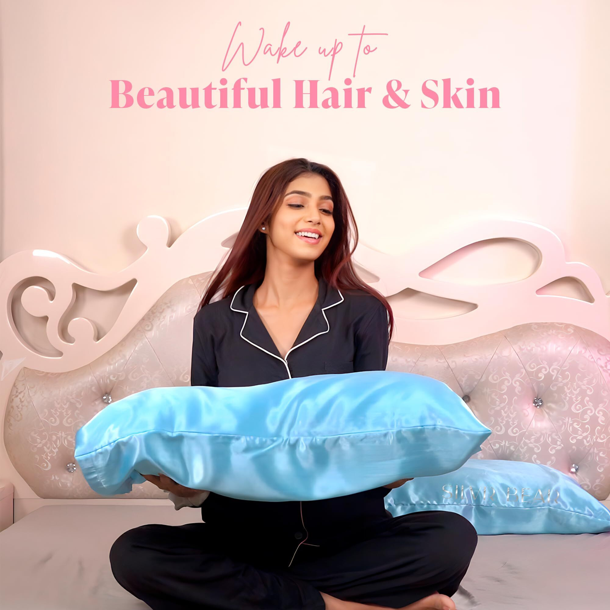 SILVR BEAR Luxury Satin Pillow Covers + 3 Scrunchies | Aesthetic Pillowcase-Standard - 18 x 27 inches | Great for Hair and Skin | Combo Pack (Baby Blue, Luxe Satin)