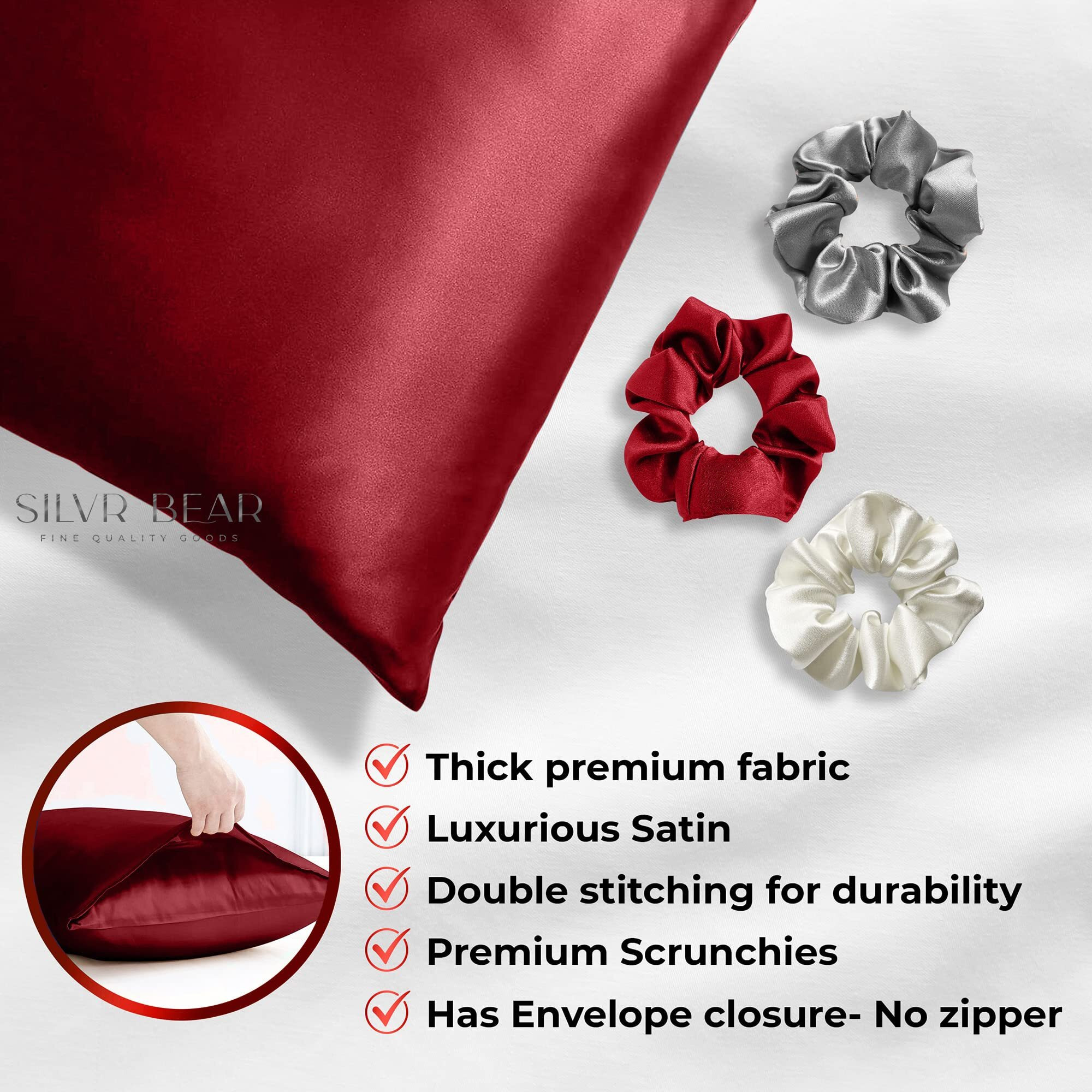 SILVR BEAR Premium Satin Pillow Covers + 3 Scrunchies | Aesthetic Pillowcase - Standard - 18 x 27 inches | Great for Hair and Skin | Combo Pack (Maroon, Satin)