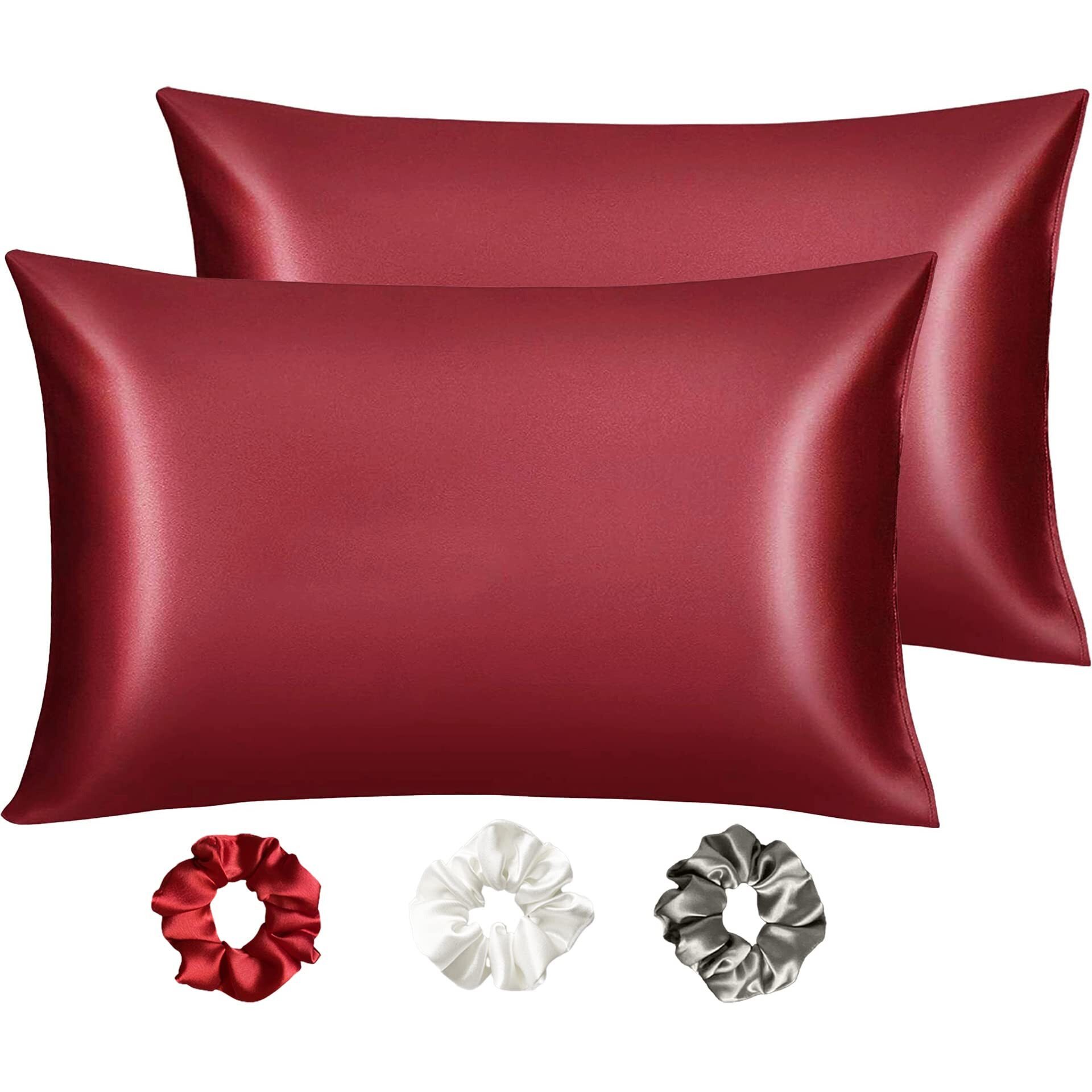 SILVR BEAR Luxury Satin Pillow Covers + 3 Scrunchies | Aesthetic Pillowcase-Standard - 18 x 27 inches | Great for Hair and Skin | Combo Pack (Maroon, Luxe Satin)