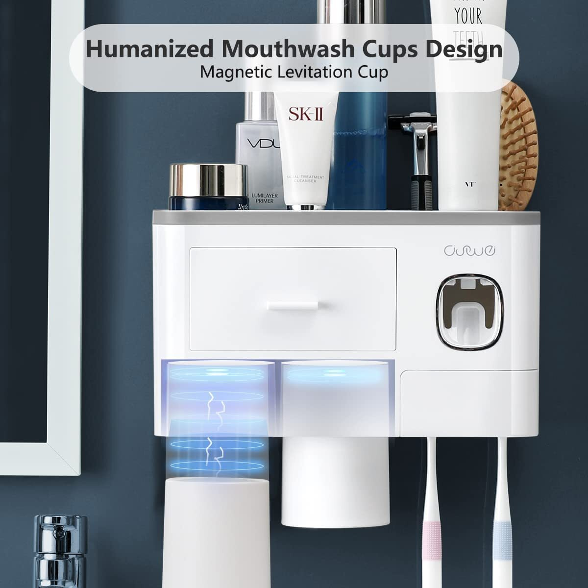 TYZAG Plastic Toothbrush Holder Wall Mounted, Toothbrush Holders For Bathroom, Toothpaste Dispenser With 6 Toothbrush Holder Hook (2 Cup), White
