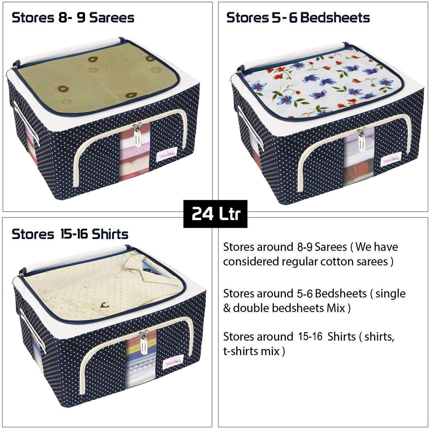 BlushBees Living Box - Storage Boxes for Clothes, Saree Cover - 24 Litre, Pack of 1, Polka Dots Blue