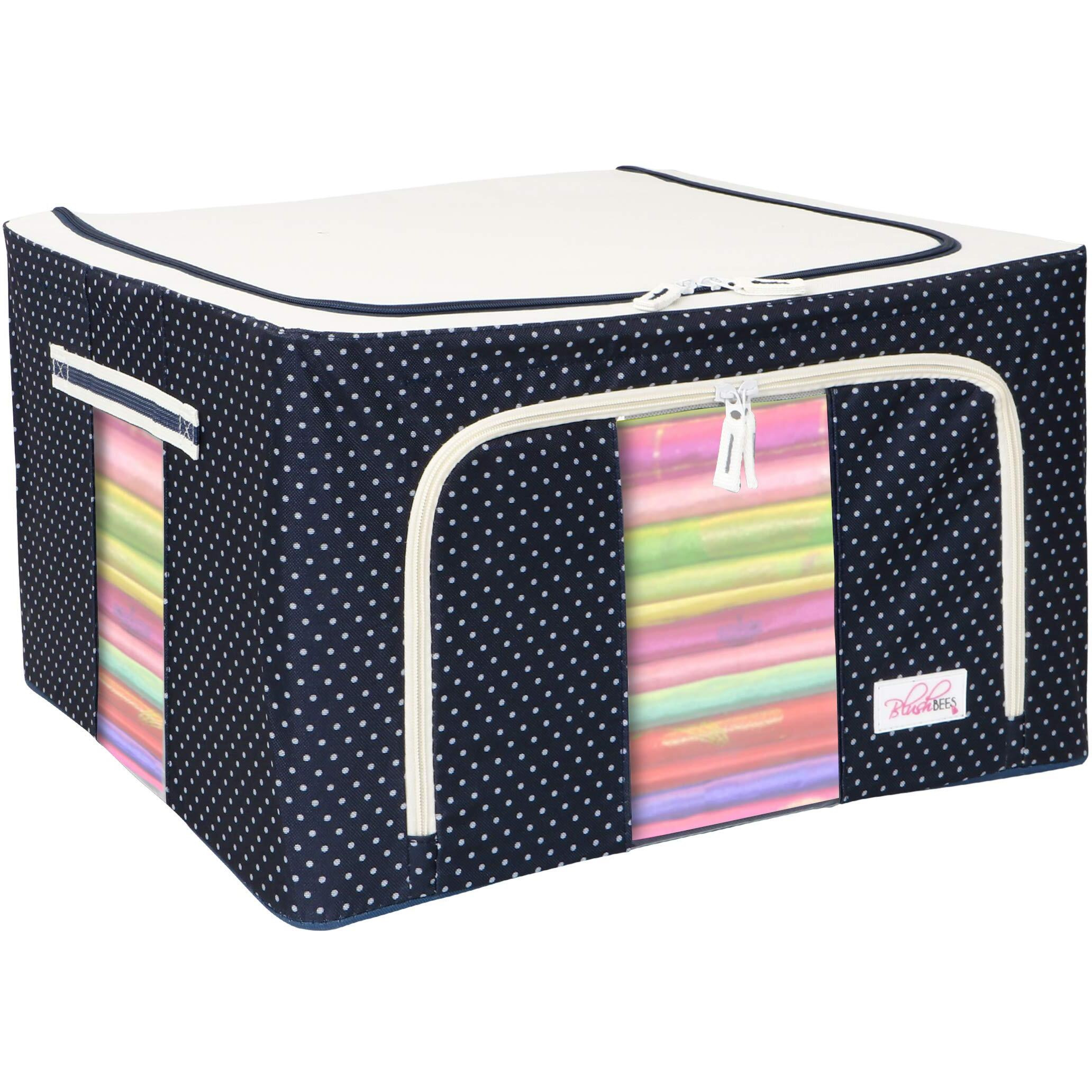 BlushBees Living Box - 600D Oxford Fabric Storage Boxes for Clothes, Large Saree Cover Bags - 55 Litre, Pack of 1, Polka Dots Blue