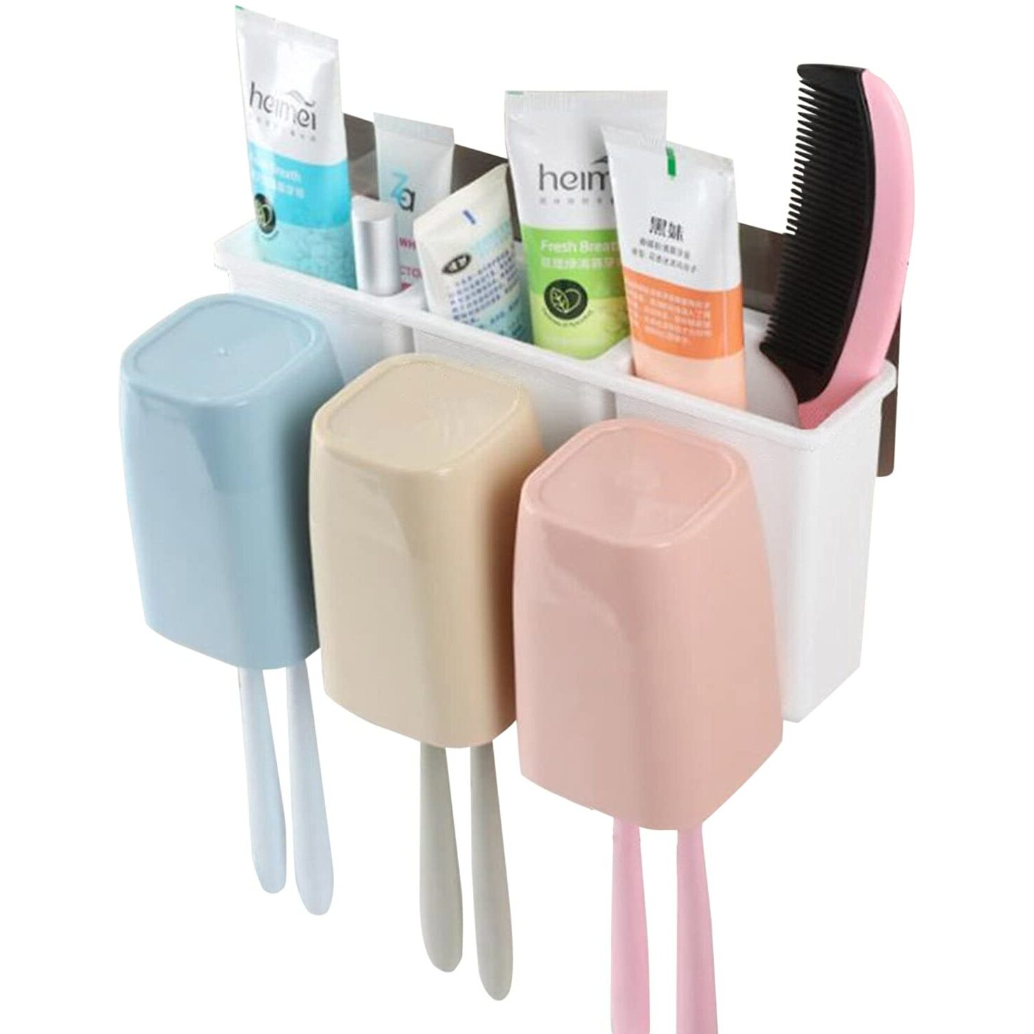 HOKIPO Plastic Self Adhesive Magic Sticker Anti-Dust Toothbrush Holder With 3 Cups, Multi-coloured