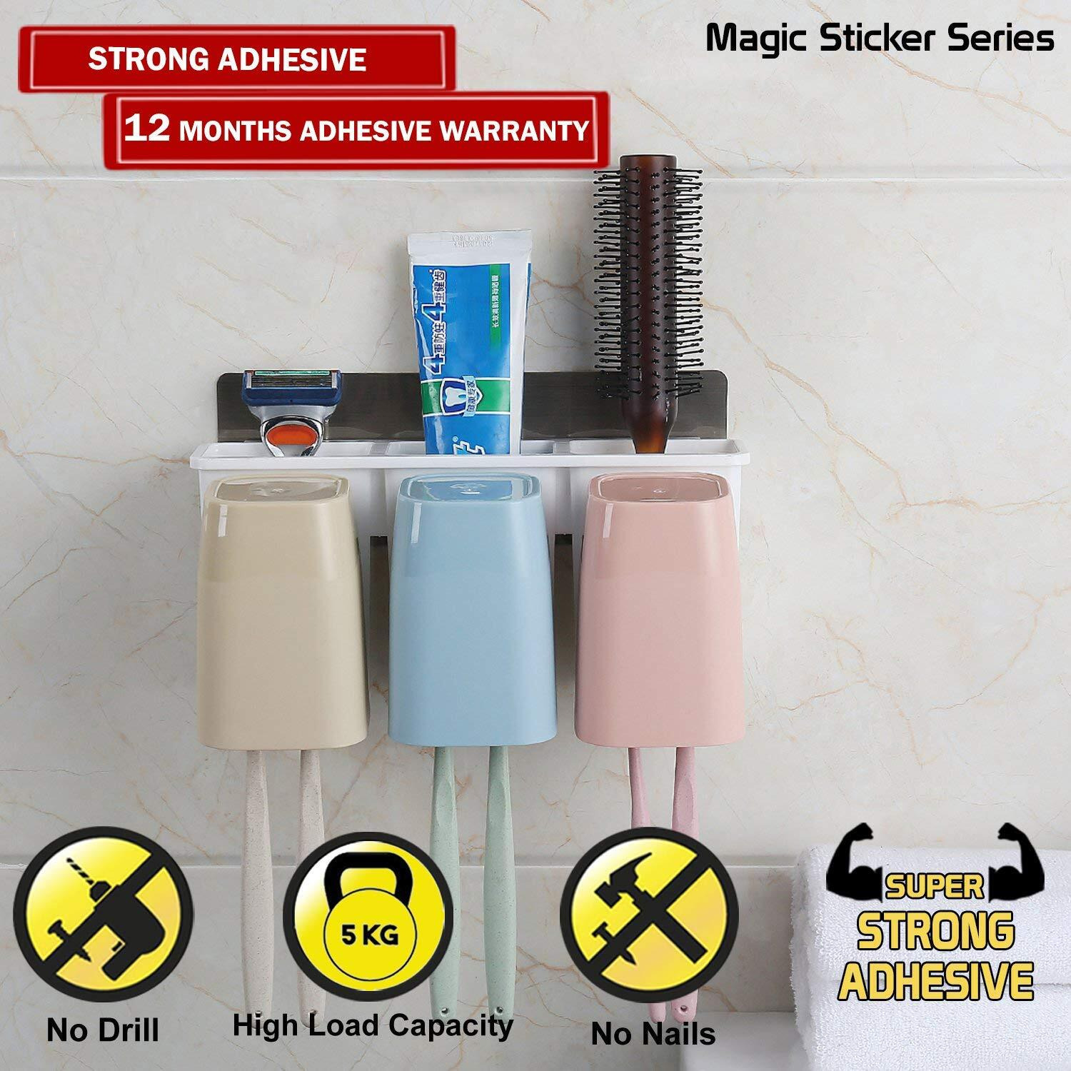 HOKIPO Plastic Self Adhesive Magic Sticker Anti-Dust Toothbrush Holder With 3 Cups, Multi-coloured