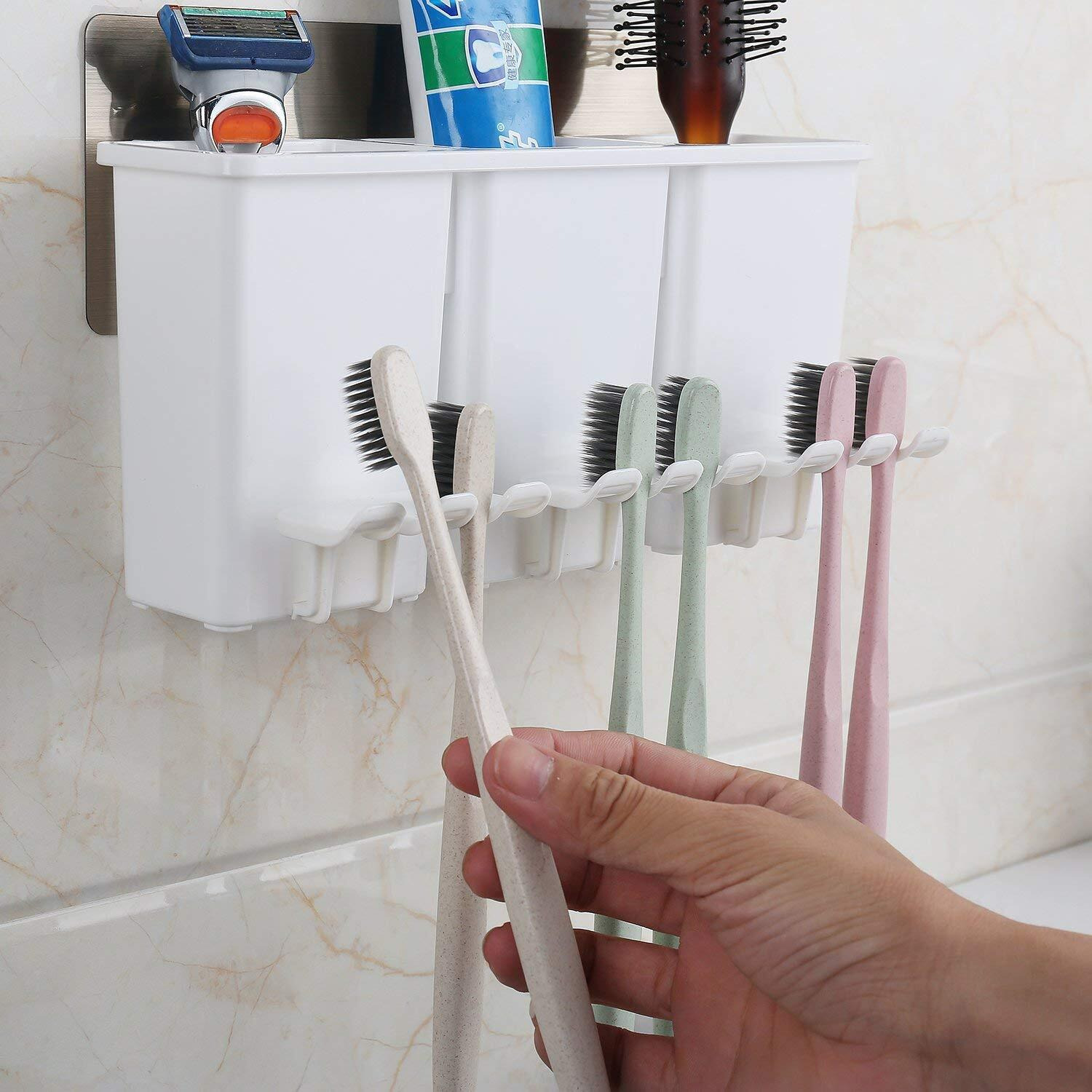HOKIPO Plastic Self Adhesive Magic Sticker Anti-Dust Toothbrush Holder With 3 Cups, Multi-coloured