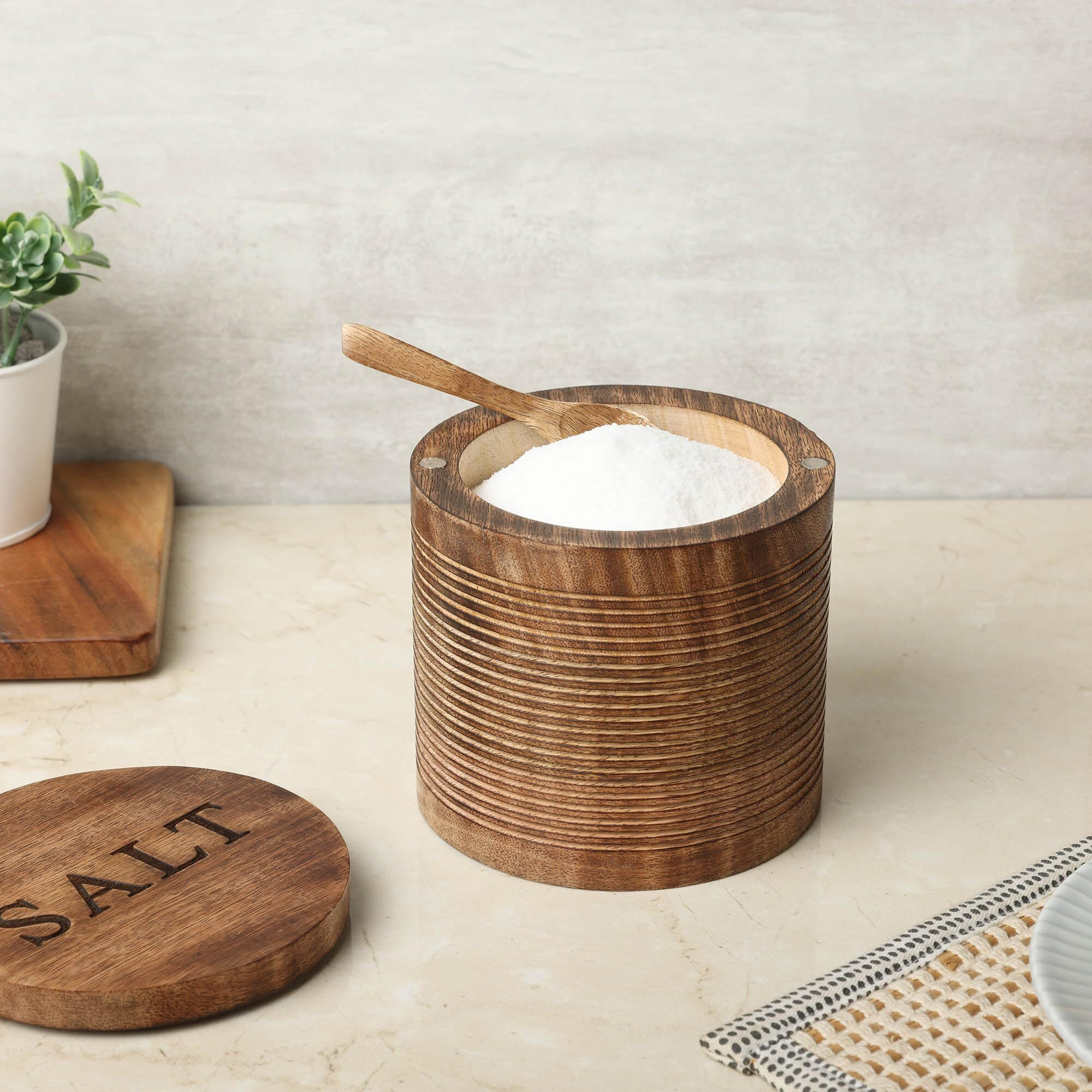 dudki Wooden Salt Box with Magnetic Lid with Wooden Spoon| Round Salt Container| Bowl Pot Jar Salt Box | Textured Salt Box| Kitchen Home| Seasonings