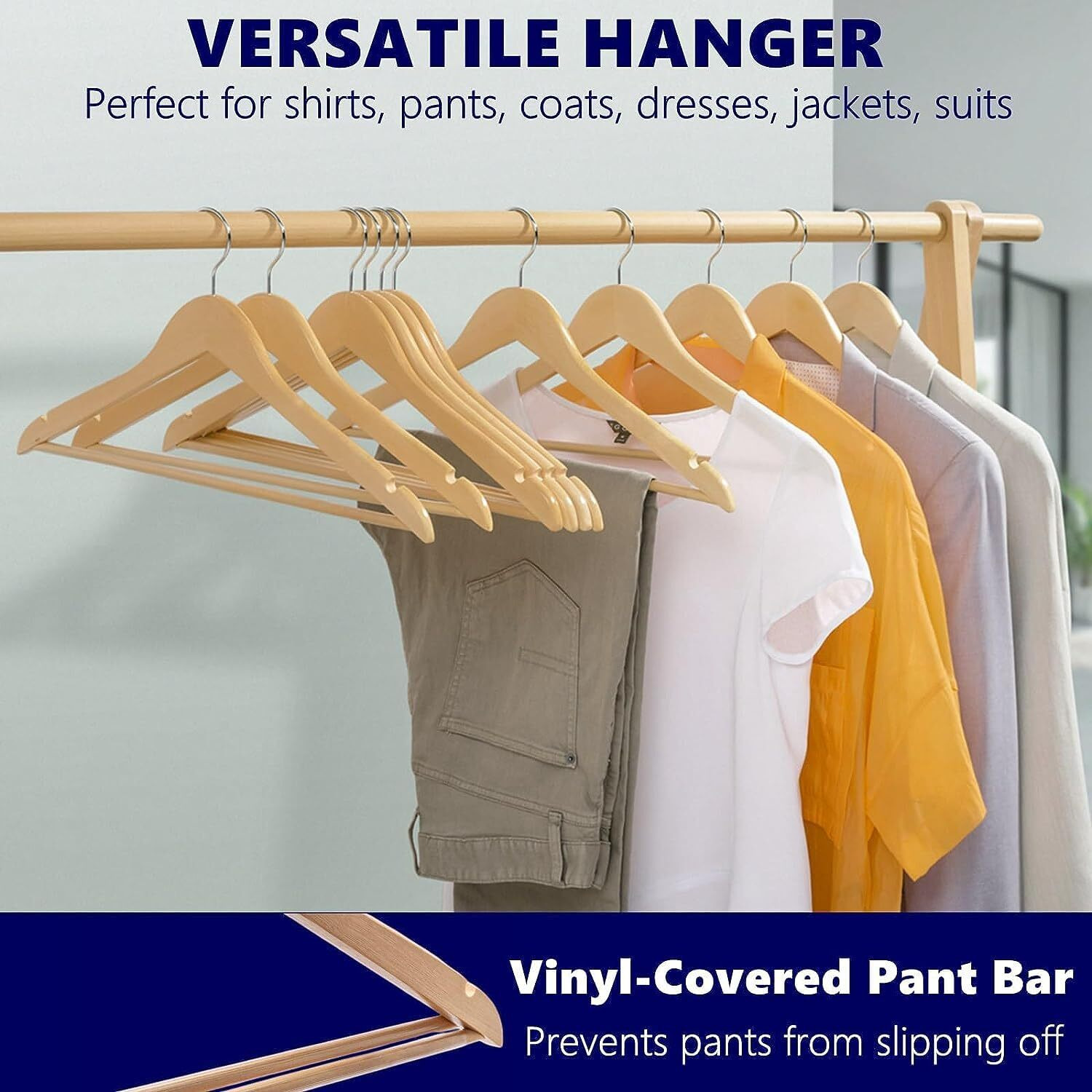Amazon Brand  Umi Wooden Cloth Hanger for Wardrobe Dry & Wet Hangers Non-Slip Cut Notch Bar 360 Degree Swivel Hook Space Saving Clothes Hanger for Shirts Pants Coats Skirts Saree 5 Pcs - Beige