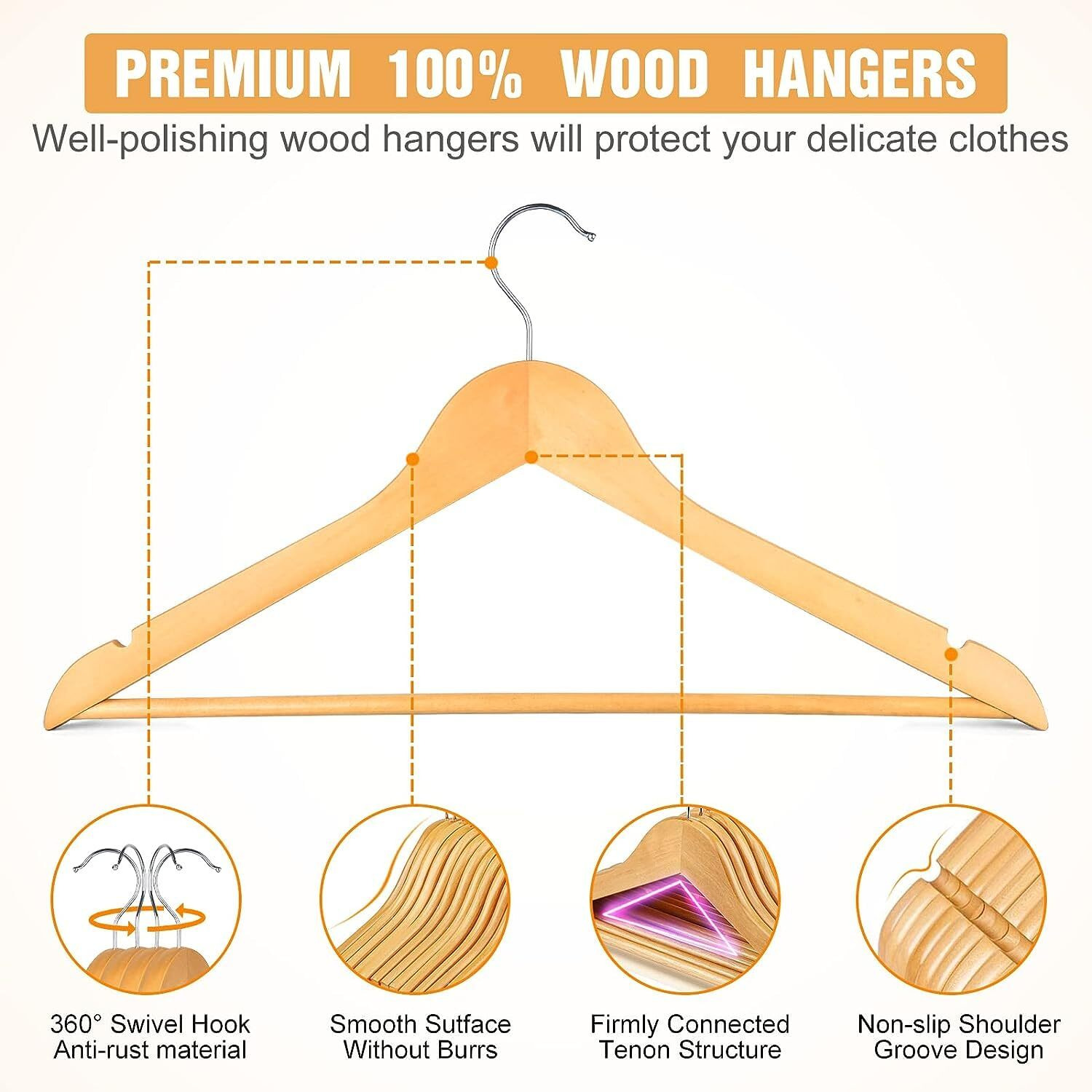 Amazon Brand  Umi Wooden Cloth Hanger for Wardrobe Dry & Wet Hangers Non-Slip Cut Notch Bar 360 Degree Swivel Hook Space Saving Clothes Hanger for Shirts Pants Coats Skirts Saree 5 Pcs - Beige