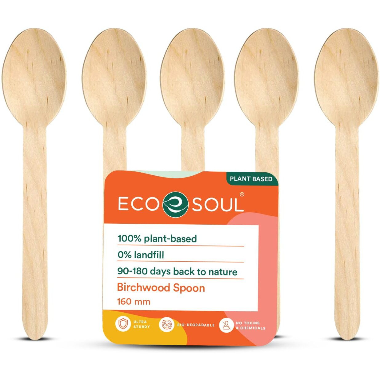 ECO SOUL [160mm, 100 Pack] Disposable Spoons | Wooden Dining Flatware | Ideal for Kids Birthday, Wedding & Party