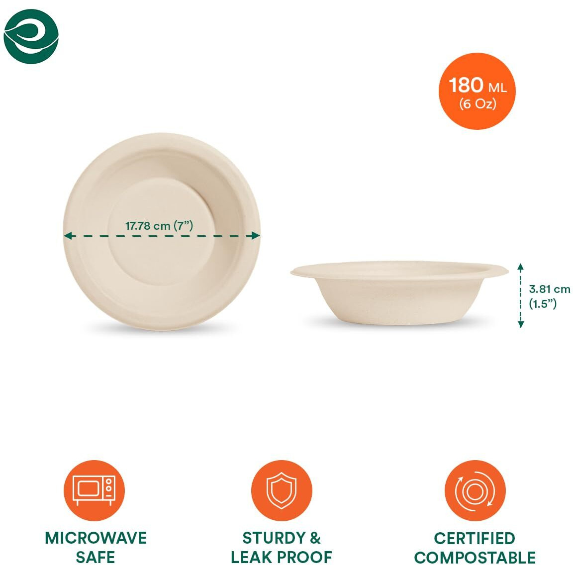 ECO SOUL [180 ml, 100 Pack Disposable Bagasse Bowls | Eco-friendly, Biodegradable, Sugarcane Paper Bowls | for Serving Snacks & Dinner | Birthday, Wedding & Party | Round, Beige