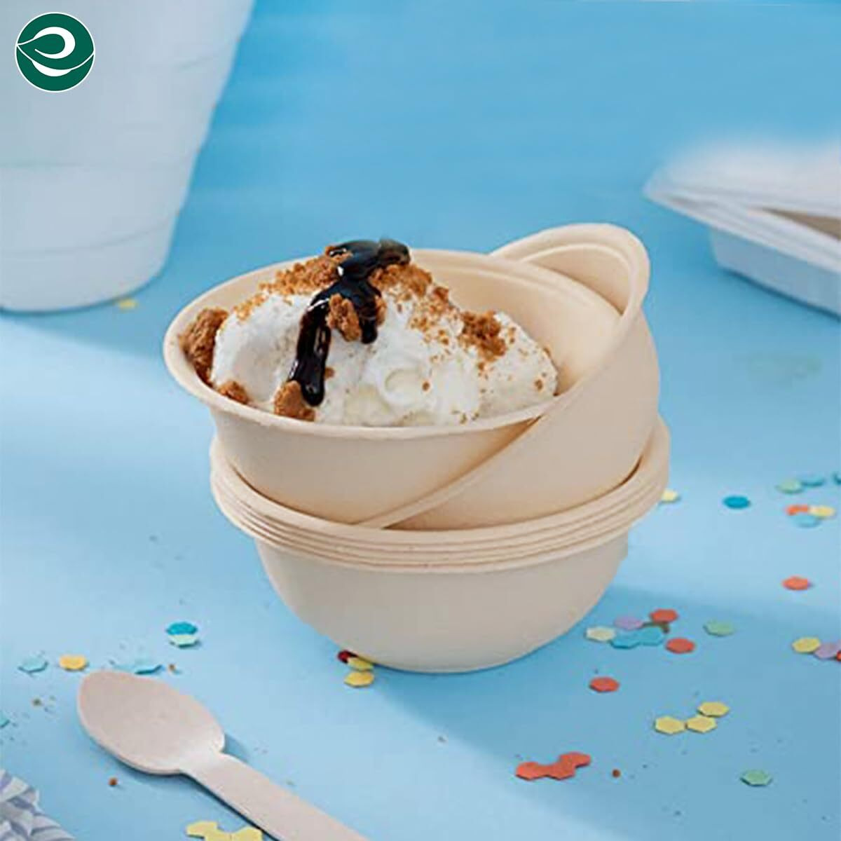 ECO SOUL [180 ml, 100 Pack Disposable Bagasse Bowls | Eco-friendly, Biodegradable, Sugarcane Paper Bowls | for Serving Snacks & Dinner | Birthday, Wedding & Party | Round, Beige