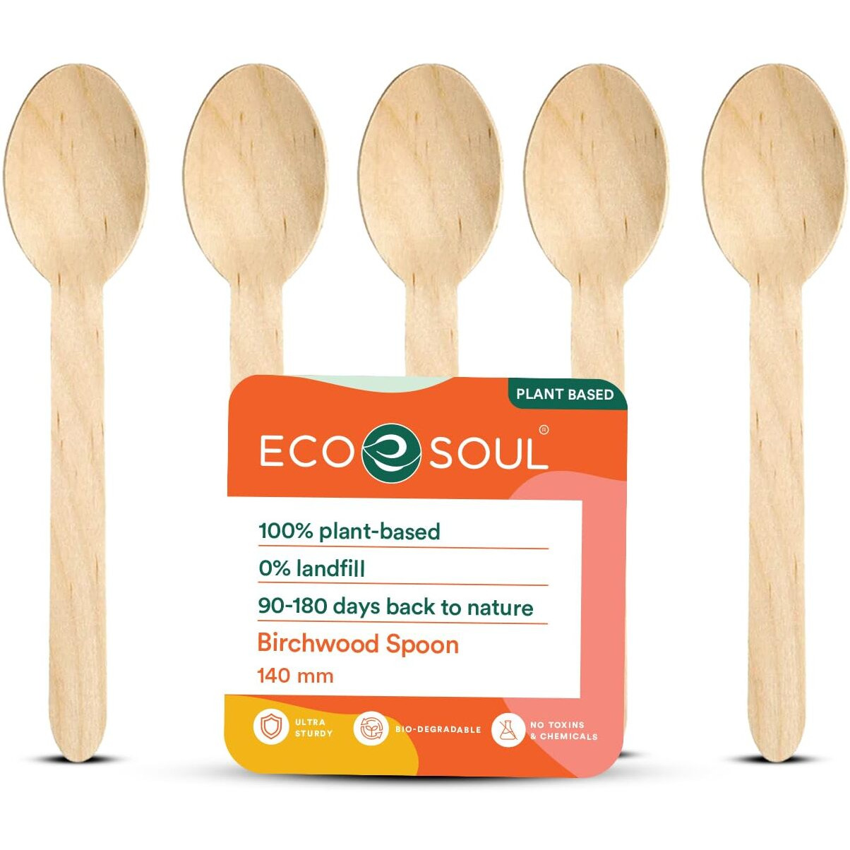 ECO SOUL [140mm, 100 Pack] Disposable Spoons | Wooden Dining Flatware | Ideal for Kids Birthday, Wedding & Party