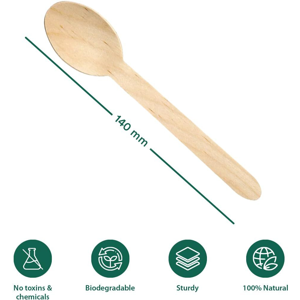 ECO SOUL [140mm, 100 Pack] Disposable Spoons | Wooden Dining Flatware | Ideal for Kids Birthday, Wedding & Party
