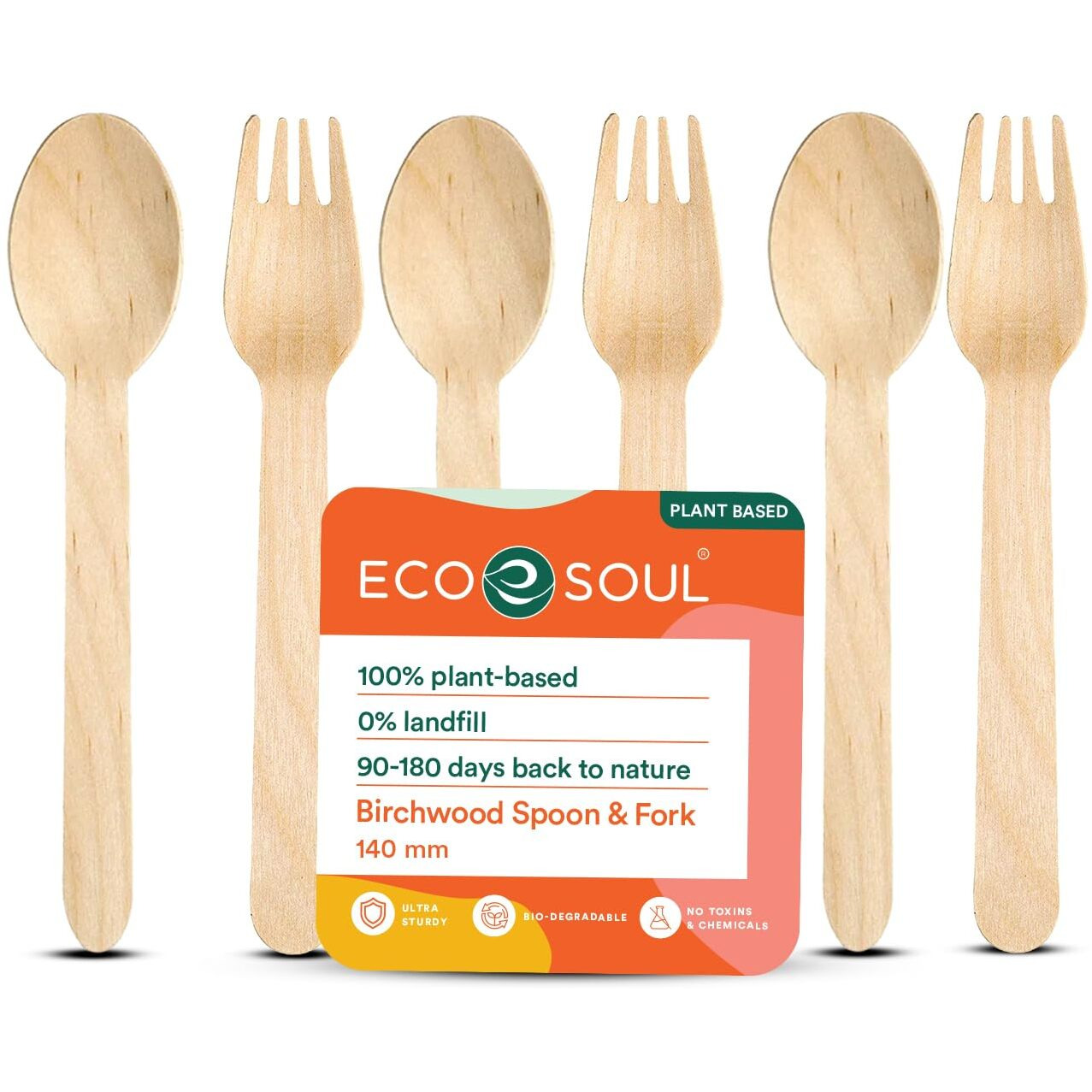 ECO SOUL [140mm, 100 Pack] Disposable Spoons & Fork set| Wooden Dining Flatware | Ideal for Kids Birthday, Wedding & Party