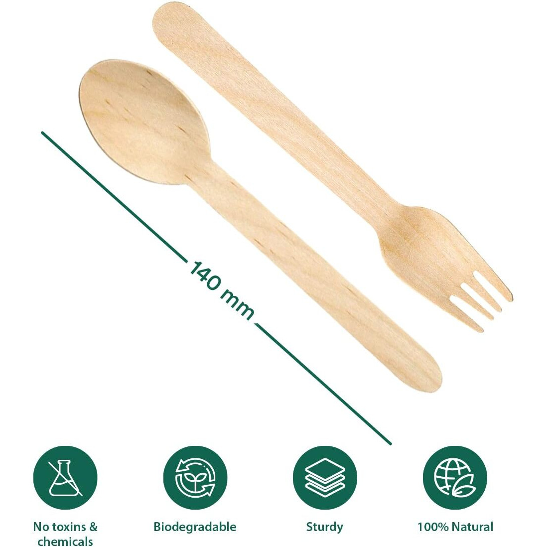 ECO SOUL [140mm, 100 Pack] Disposable Spoons & Fork set| Wooden Dining Flatware | Ideal for Kids Birthday, Wedding & Party