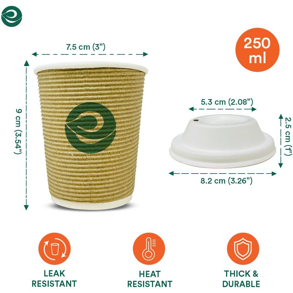 ECO SOUL [250 ml, 50 Count Biodegradable Ripple Cups with Lid| Sustainable Disposable Paper Cups | Eco-friendly Hot Cups | Sturdy, Microwave Safe