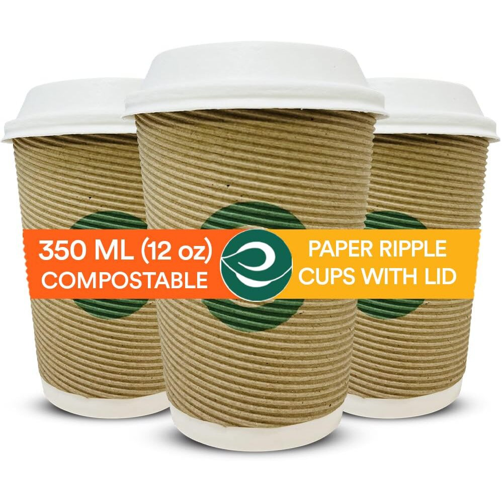 ECO SOUL [350 ml, 25 Count Biodegradable Ripple Cups with Lid| Sustainable Disposable Paper Cups | Eco-friendly Hot Cups | Sturdy, Microwave Safe