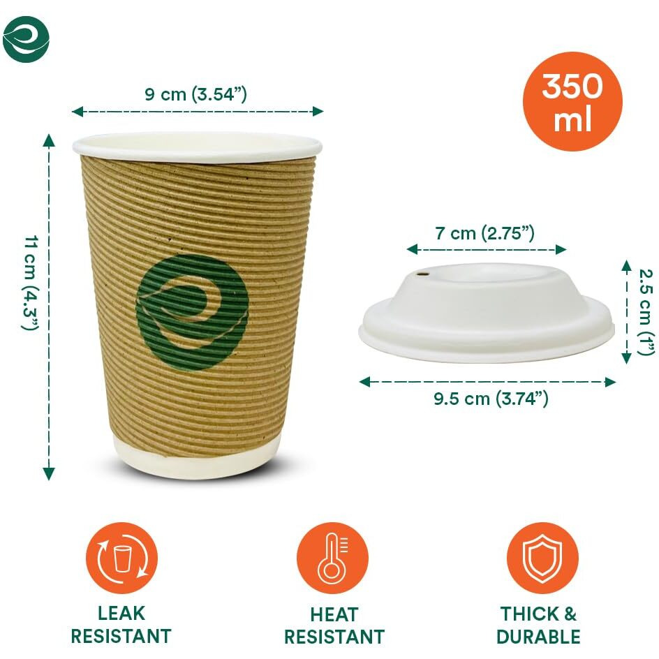ECO SOUL [350 ml, 25 Count Biodegradable Ripple Cups with Lid| Sustainable Disposable Paper Cups | Eco-friendly Hot Cups | Sturdy, Microwave Safe