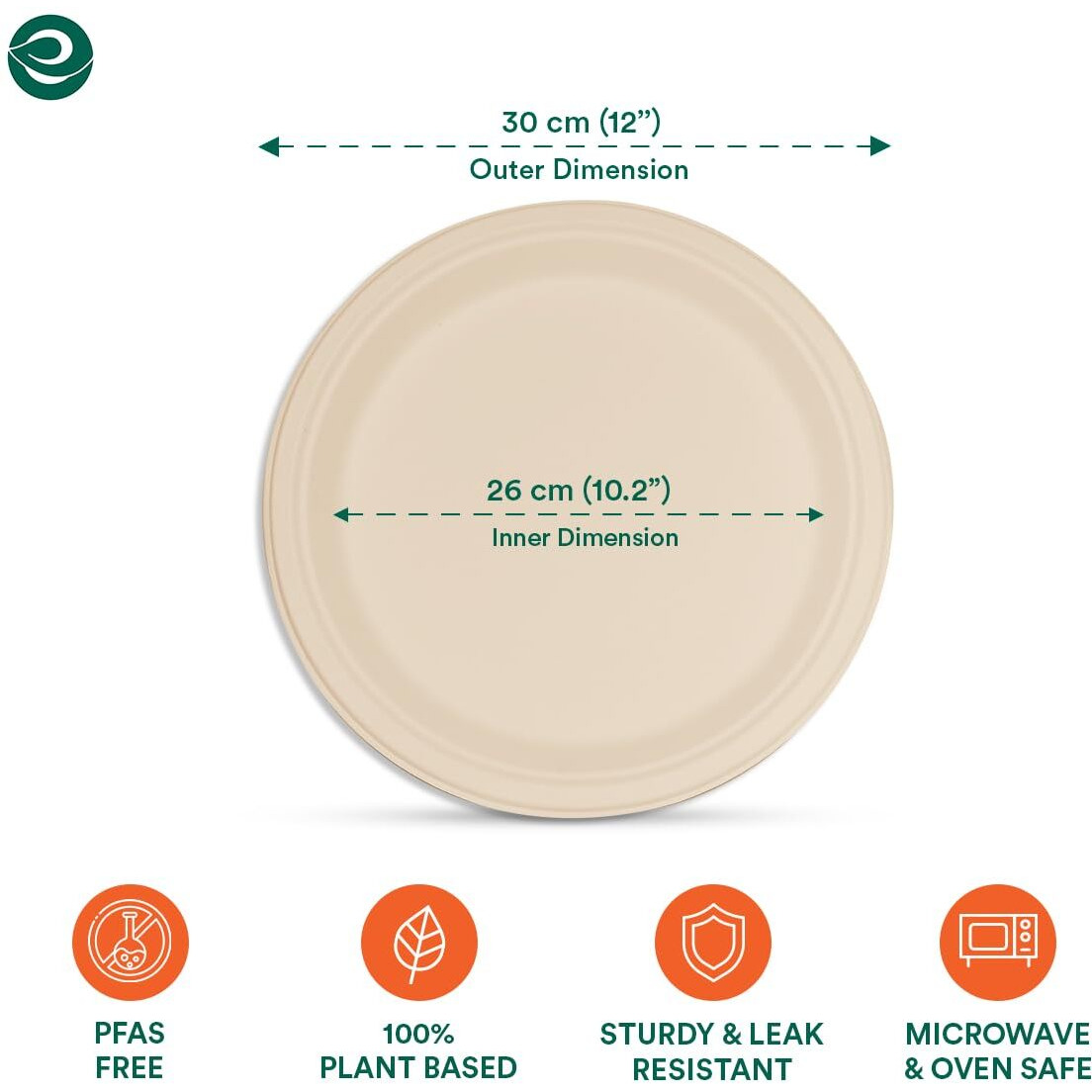 ECO SOUL [12 inch, 100 Pack Disposable Bagasse Plates | Eco-Friendly, Biodegradable, Sugarcane Paper Plates | for Serving Snacks | Birthday, Wedding & Party | Round, Beige (30 cm)