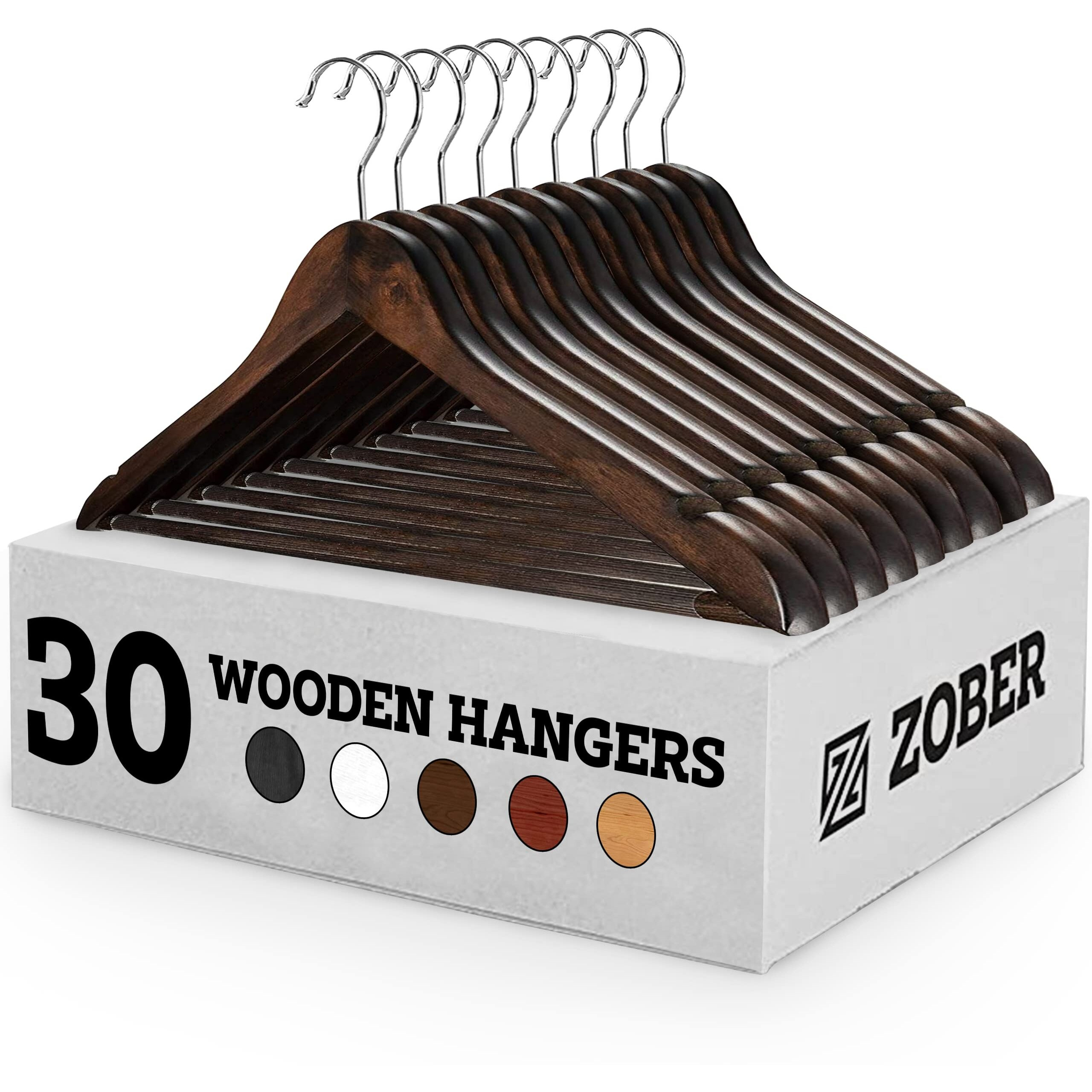 Zober Wooden Suit Hangers with Non-Slip Pants|Smooth Finish Solid Wood Coat Hanger with 360 Swivel Hook & Precisely Cut Notches for Camisole, Jacket, Pant, Dress Clothes Hangers (30 Pack)