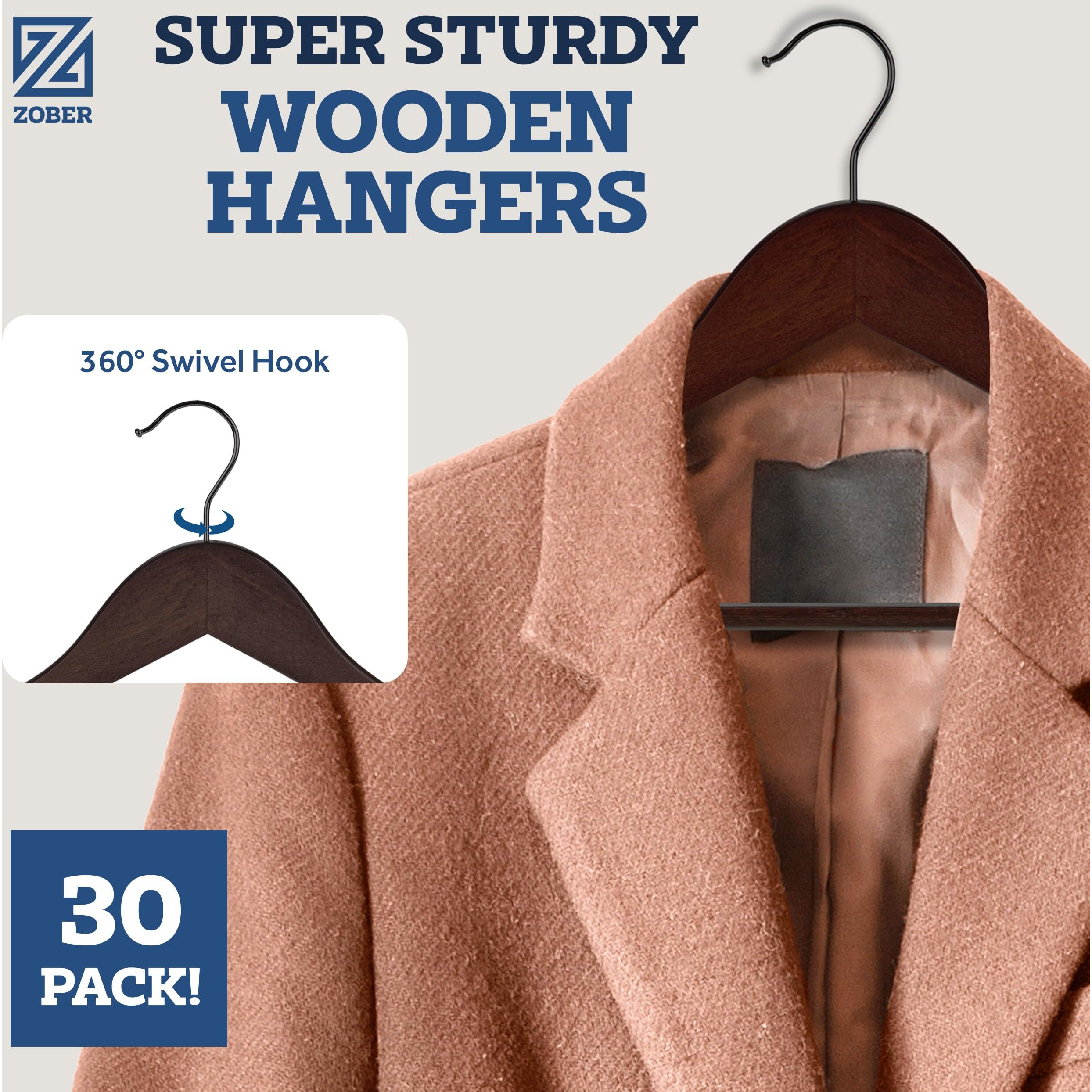 Zober Wooden Suit Hangers with Non-Slip Pants|Smooth Finish Solid Wood Coat Hanger with 360 Swivel Hook & Precisely Cut Notches for Camisole, Jacket, Pant, Dress Clothes Hangers (30 Pack)