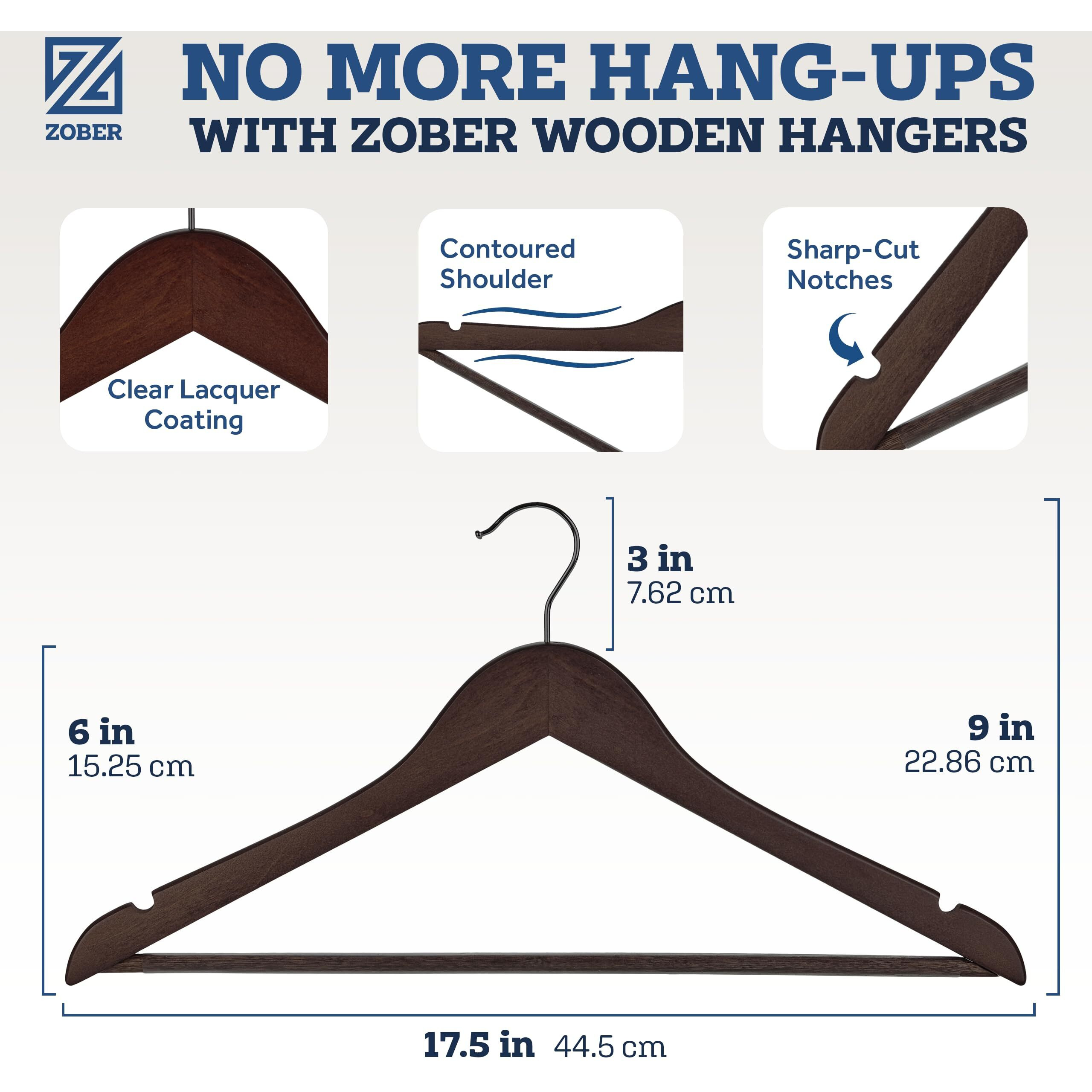 Zober Wooden Suit Hangers with Non-Slip Pants|Smooth Finish Solid Wood Coat Hanger with 360 Swivel Hook & Precisely Cut Notches for Camisole, Jacket, Pant, Dress Clothes Hangers (30 Pack)