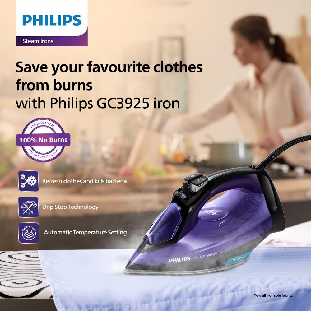 Philips Perfect Care Power Life Steam Iron, 2400W, up to 45 g/min steam Output, No-Burns Guaranteed, OptiTemp Technology, Steam Glide Plus Soleplate, Drip-Stop and Safety Shut-Off, GC3925/34