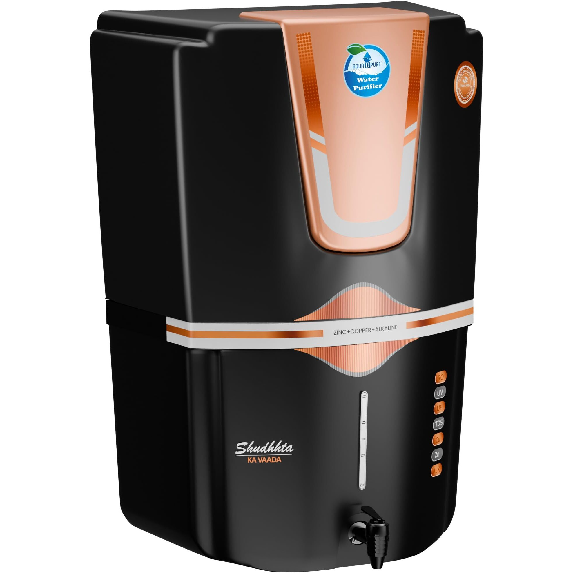 AQUA D PURE Zinc RO Water Purifier with Bio Copper and Alkaline Fiter Technology Purification, UV, UF and TDS Controller | 12Liter | Fully Automatic Function and Best For Home and Office