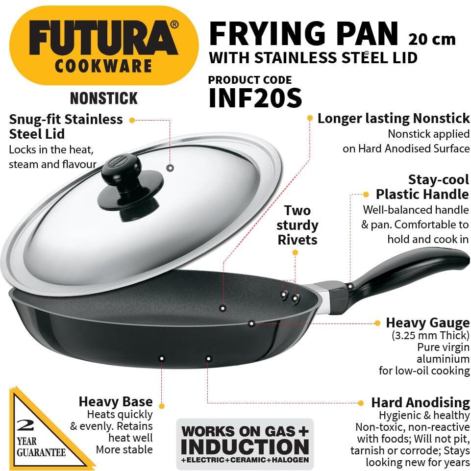 Hawkins Futura Nonstick Frying Pan 22 cm, 3.05 mm thick with SS lid Induction compatible