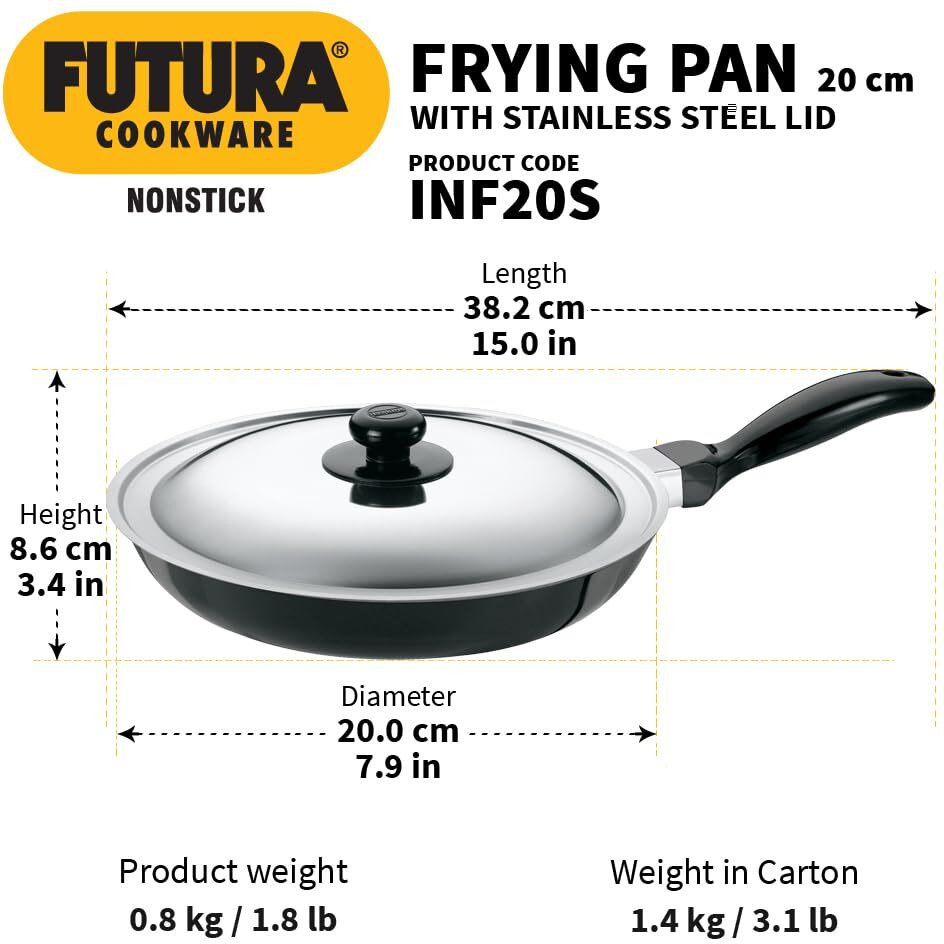 Hawkins Futura Nonstick Frying Pan 22 cm, 3.05 mm thick with SS lid Induction compatible
