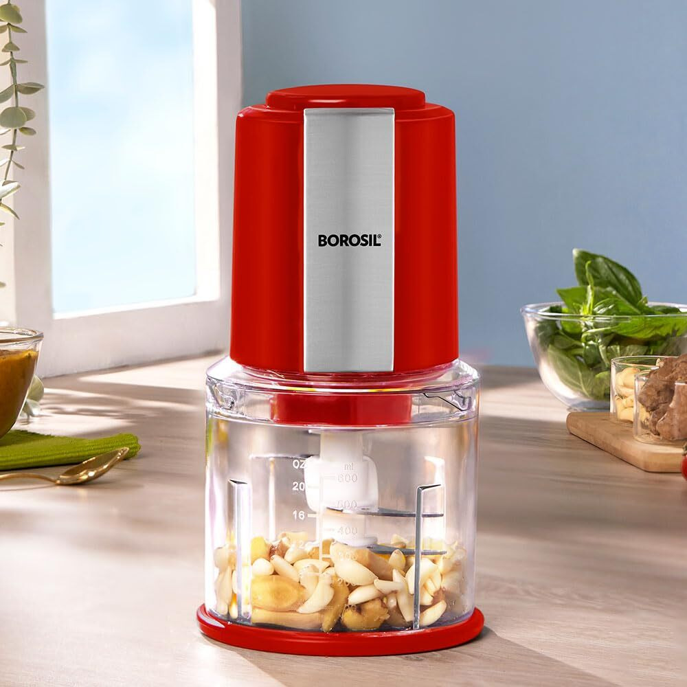Borosil Chef Delite 300 Watts Electric Chopper for Kitchen, Twin Blade Technology, 600 ml chop-n-store plastic bowl with lid, Vegetable Chopper, Cutter, Chop, Mince, Dice, Whisk, Blend, Red