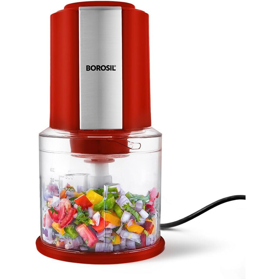 Borosil Chef Delite 300 Watts Electric Chopper for Kitchen, Twin Blade Technology, 600 ml chop-n-store plastic bowl with lid, Vegetable Chopper, Cutter, Chop, Mince, Dice, Whisk, Blend, Red