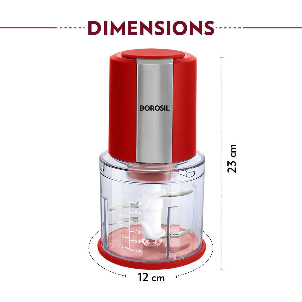 Borosil Chef Delite 300 Watts Electric Chopper for Kitchen, Twin Blade Technology, 600 ml chop-n-store plastic bowl with lid, Vegetable Chopper, Cutter, Chop, Mince, Dice, Whisk, Blend, Red