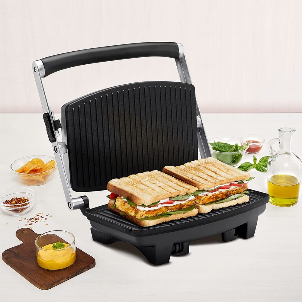 Borosil Jumbo Grill 1000 Watt Sandwich Maker, 2 Slice Automatic Grill Sandwich Maker ,Non-stick Grill plates opens 105, BPA & PTFE Free, automatic temperature control