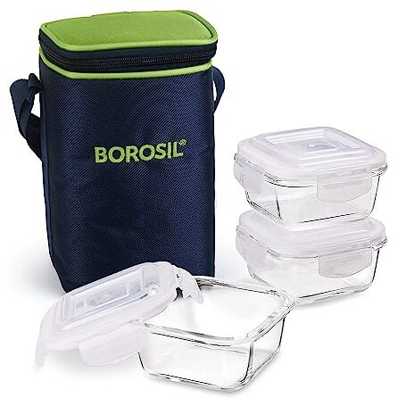 Borosil Alfa Glass Lunch Box Green, Set of 3, 320 ml, Square, Microwave Safe Office Tiffin