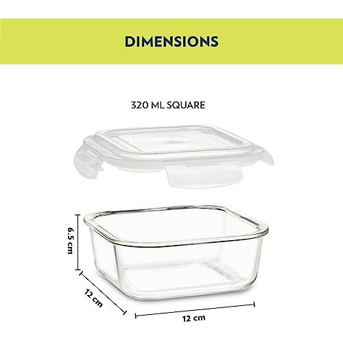 Borosil Alfa Glass Lunch Box Green, Set of 3, 320 ml, Square, Microwave Safe Office Tiffin