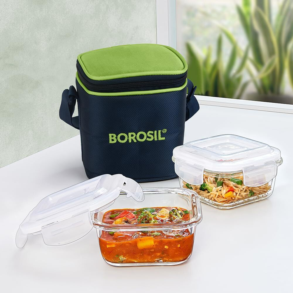 Borosil Alfa Glass Lunch Box Green, Set of 2, 320 ml, Square, Vertical, Microwave Safe Office Tiffin