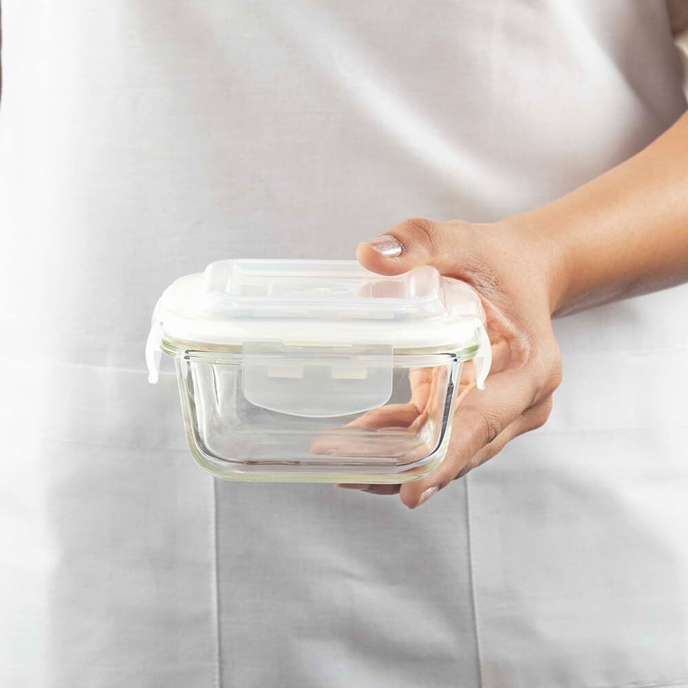 Borosil Alfa Glass Lunch Box Green, Set of 2, 320 ml, Square, Vertical, Microwave Safe Office Tiffin