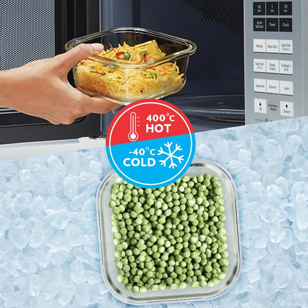 Borosil Alfa Glass Lunch Box Green, Set of 2, 320 ml, Square, Vertical, Microwave Safe Office Tiffin