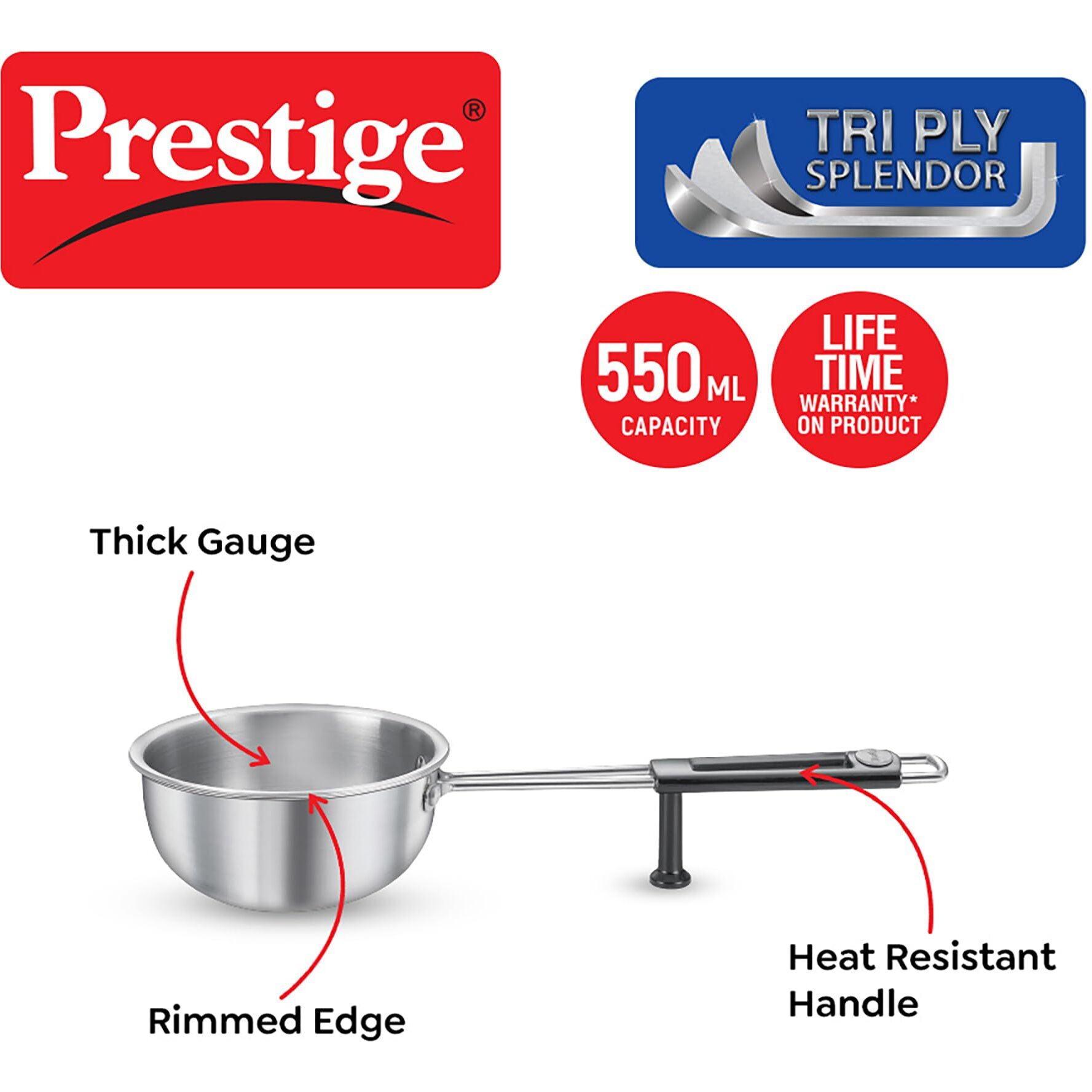Prestige Tri-ply Splendor Tadka Pan 13 cm 550ml Stainless Steel Cookware(Silver, in-Build Stand, Heat Resistant Handle)