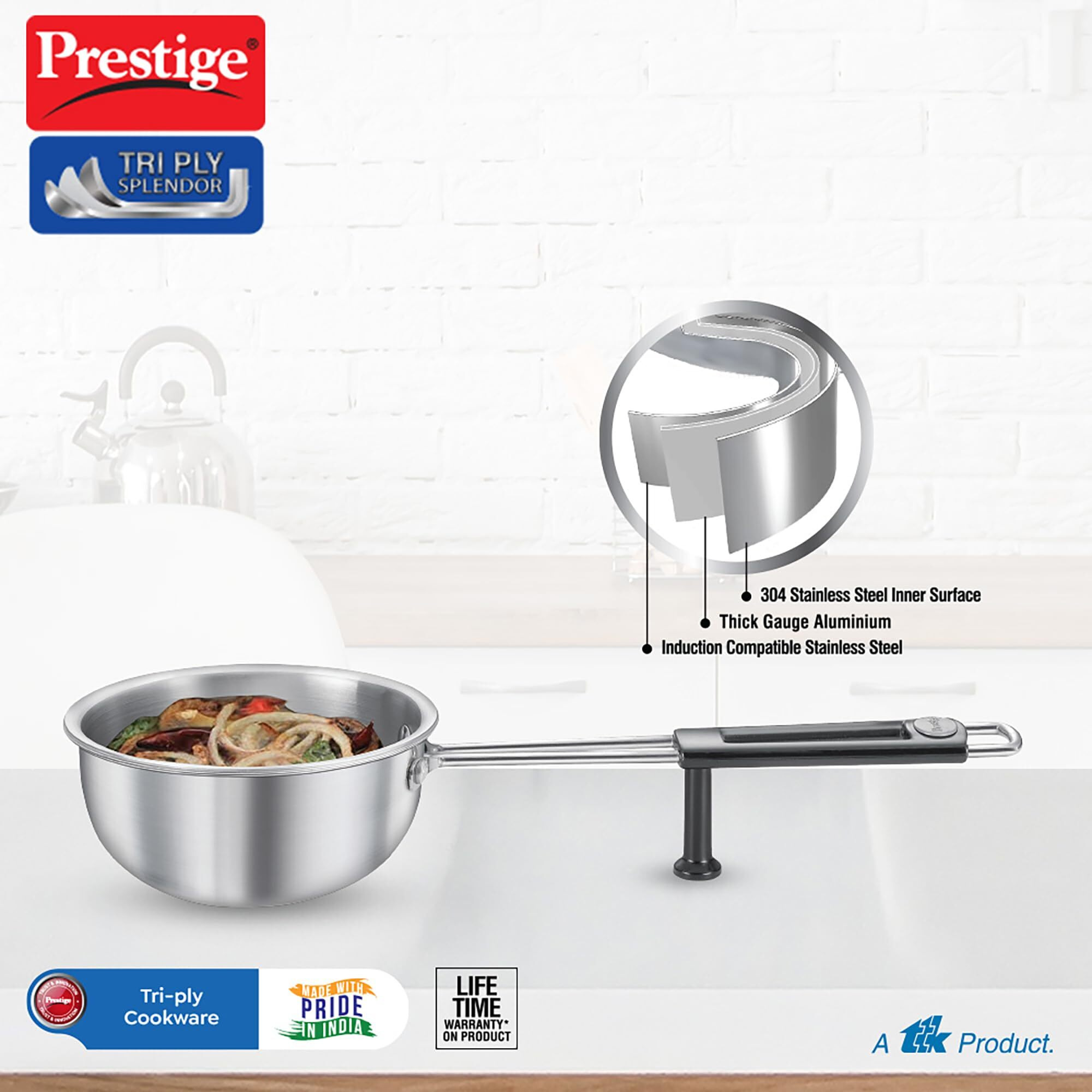 Prestige Tri-ply Splendor Tadka Pan 13 cm 550ml Stainless Steel Cookware(Silver, in-Build Stand, Heat Resistant Handle)