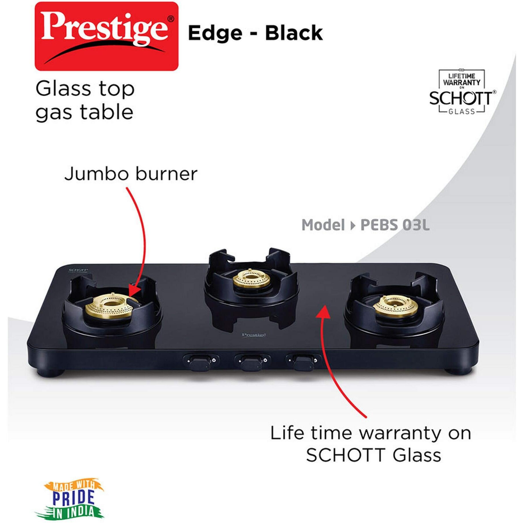 Prestige Edge Schott Glass 3 Burner Gas Stove, Black