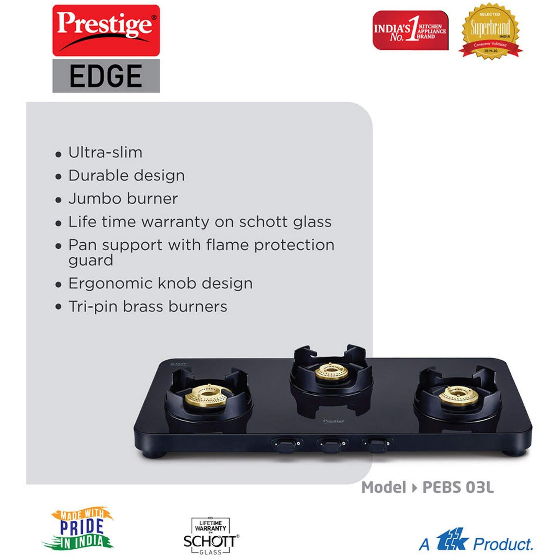 Prestige Edge Schott Glass 3 Burner Gas Stove, Black