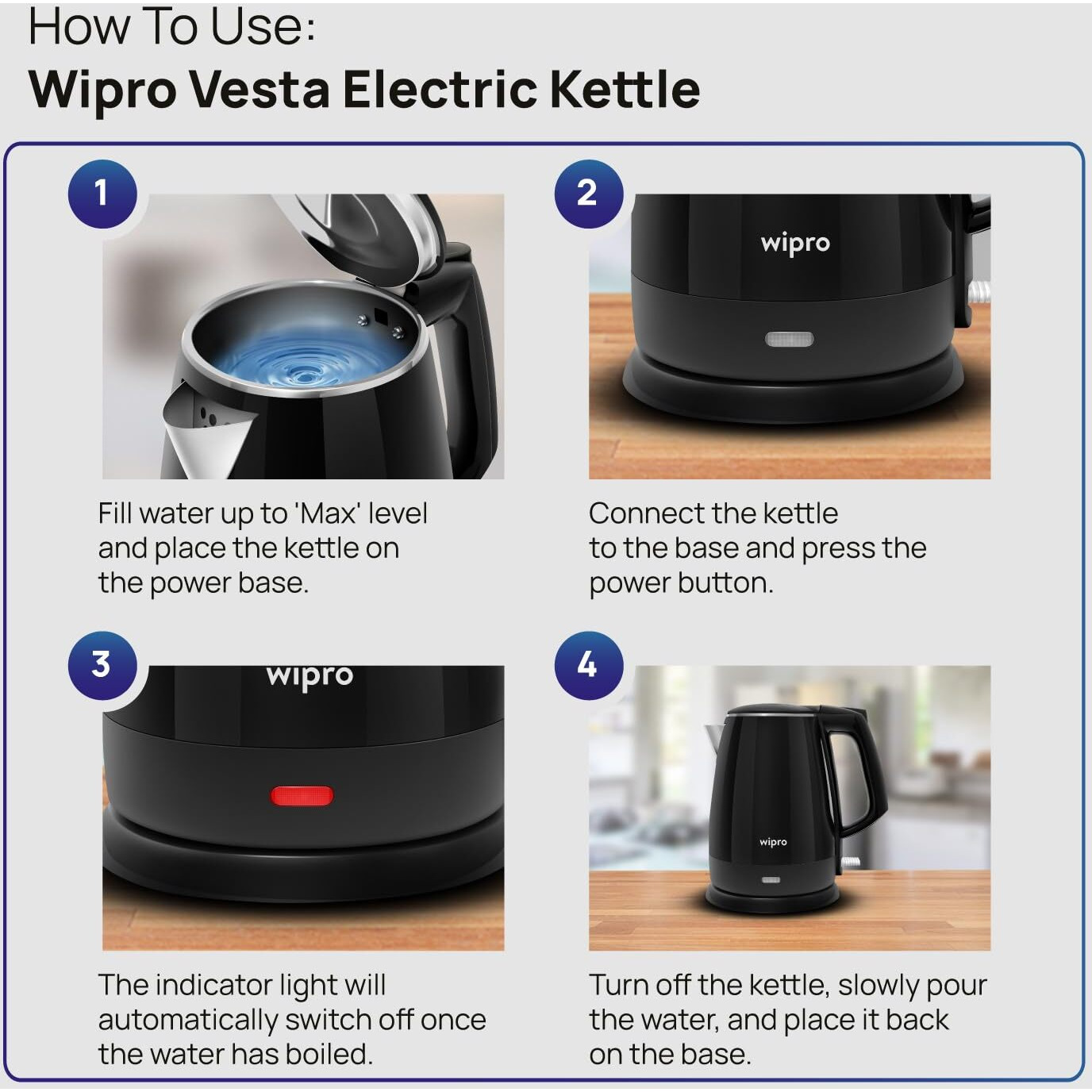 Wipro Vesta 1.5 liter| BK205 Cool Touch Kettle|Anti - Rust Shield|SS304|Super Fast Heating|Triple Layer Protection - Overheating, Dry Boil & Excess Steam|Single Touch Open Lid, 1500 watts