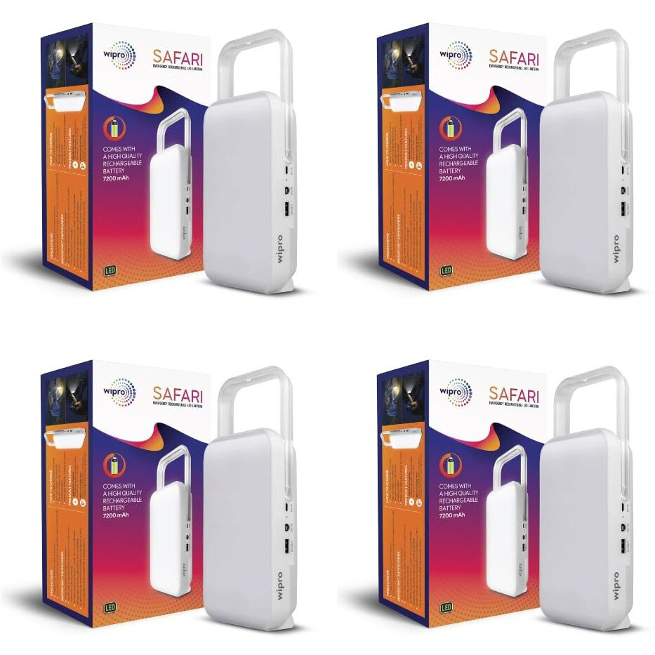 Wipro Safari Emergency Rechargeable LED Lantern with 7200 mAH Battery | Brightness Control Feature | in- Built Mobile Charging Point | Pack of 4