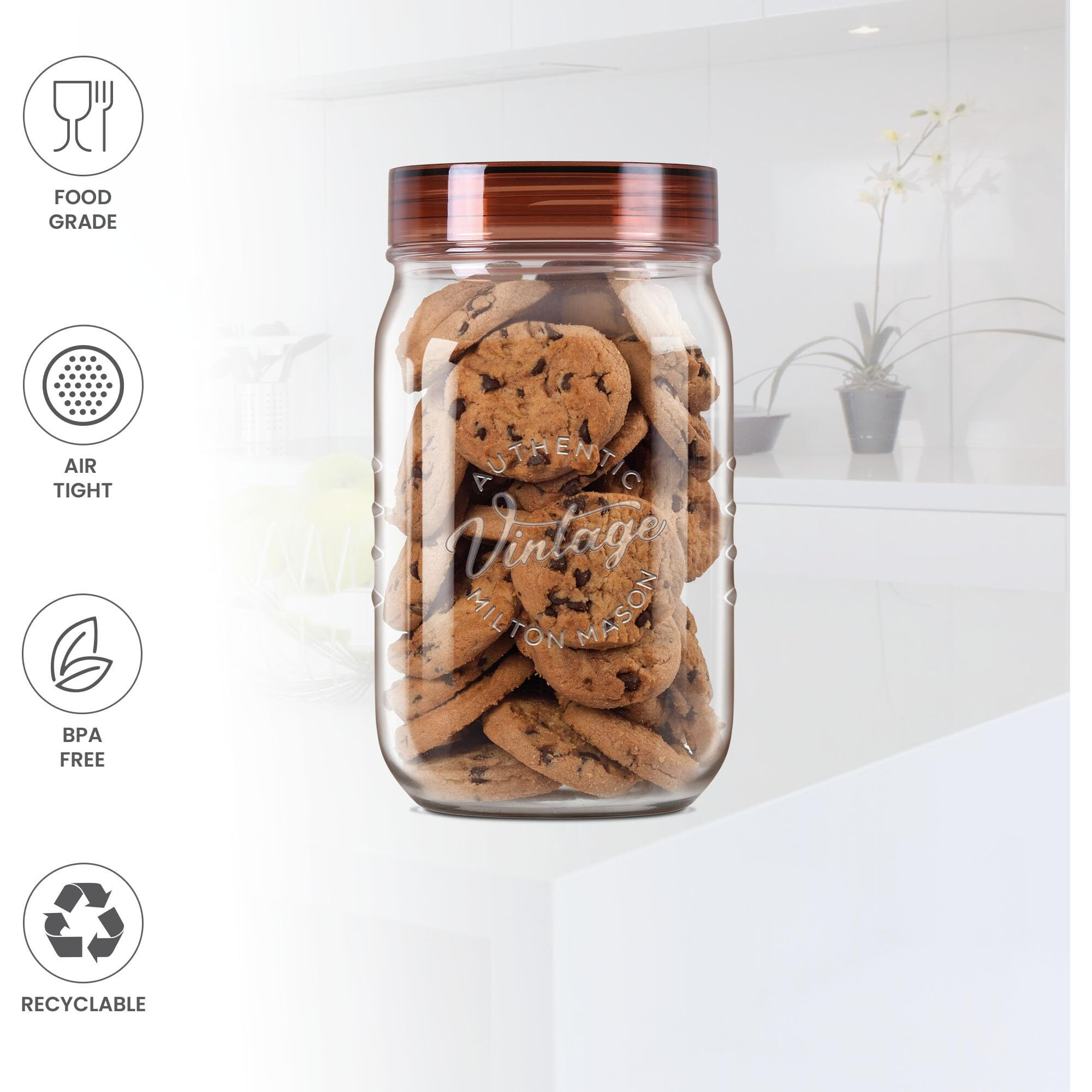 MILTON Vintage Pet Jar Set Of 2, 1 Litre Each, Transparent | Food Grade | Air Tight | Bpa Free | Food Storage Container, Polyethylene Terephthalate, Brown