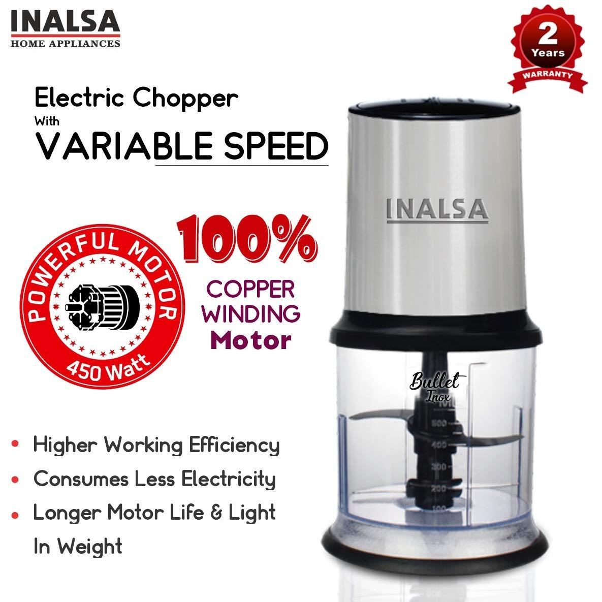 INALSA Electric Chopper for Kitchen With 450 Watts Pure Copper Motor 2 Speed Option|Chop, Mince, Puree, Dice|Twin Blade Technology|900 ml Capacity|One Touch Operation,Long Power Cord-Bullet Inox